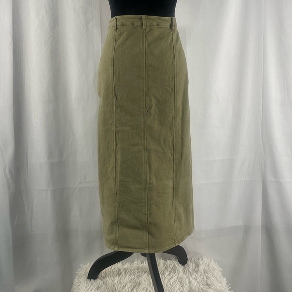 Edit by nine olive,army green stretch denim midi skirt with front slit,Large - Picture 3 of 9